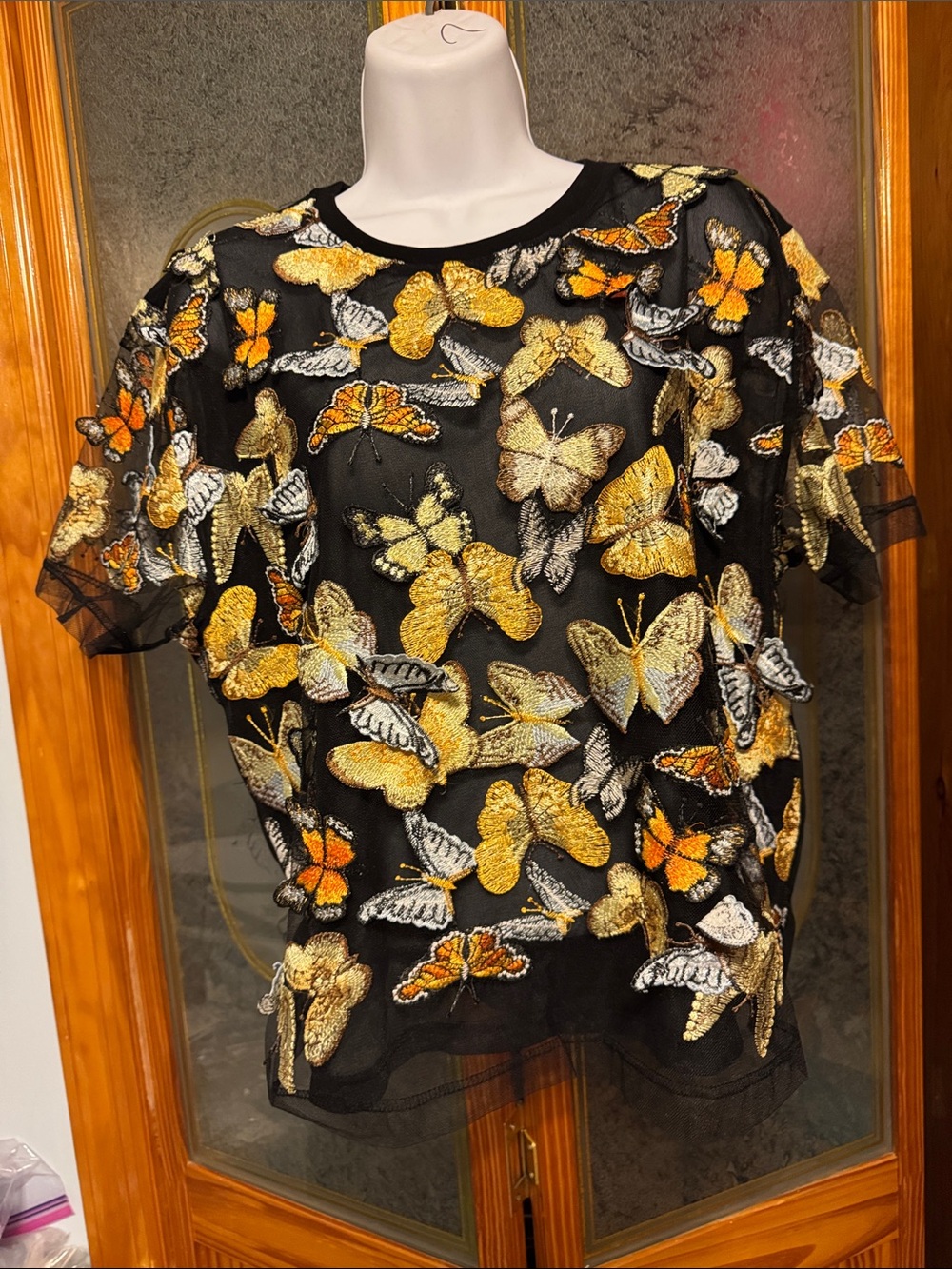 Embroidered Butterfly Sequin Top in Black and Gold